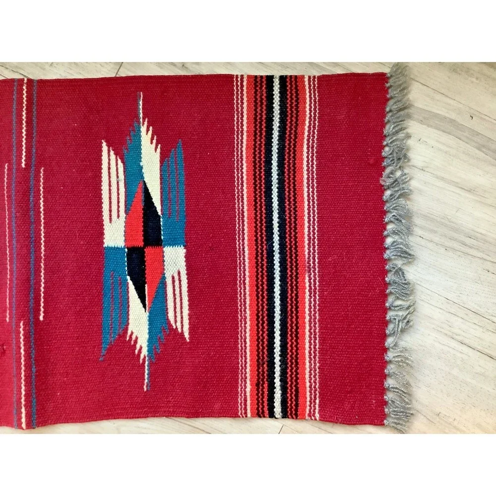 Hand Woven Southwest Wool Table Runner Wall Art Rug Red Geometric 13